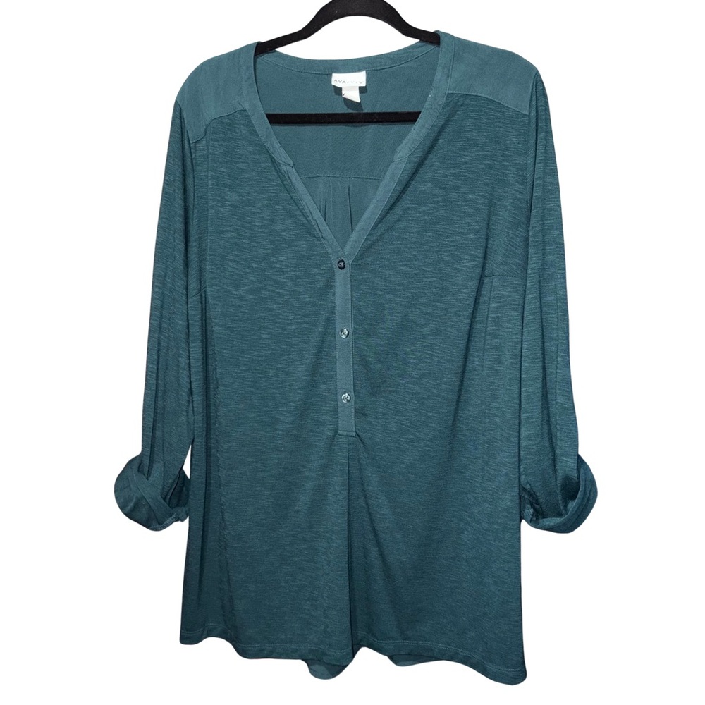 Ava & Viv Green Boxy Button Down Shirt with Adjustable Sleeves
